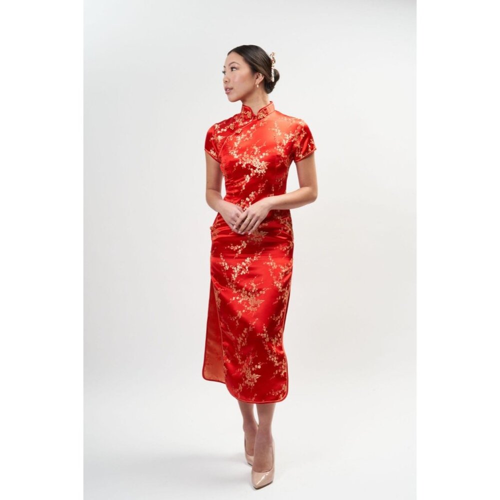 Vintage Y2K 90s DiYuange Red Satin Gold Floral Embroidered Cheongsam Qipao Dress - Picture 1 of 16